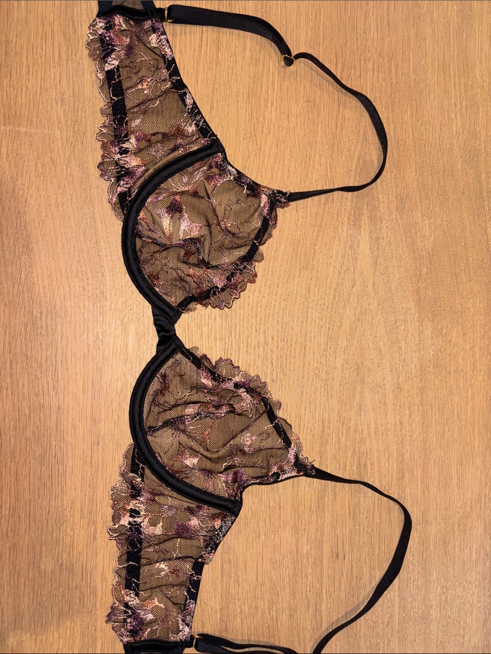 Never worn Sheer Black Lace Underwire Bra with Pink Floral Embroidery